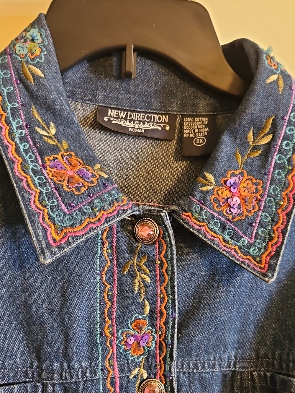 New Direction Embroidered Denim Button-Front Jacket - Blue with Pink Floral Trim